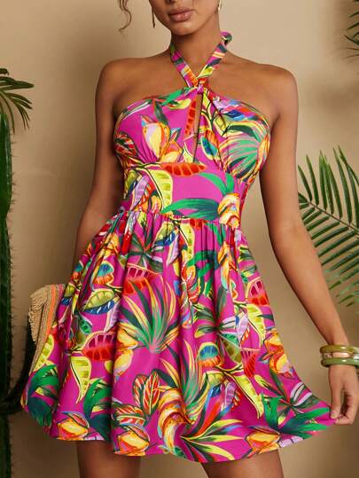 Travachic Tropical Print Halter Neck Summer Dress For Women