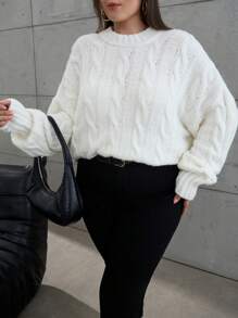 Cloudara Plus Size Cable Knit Drop Shoulder Sweater, For Winter - White - View 3