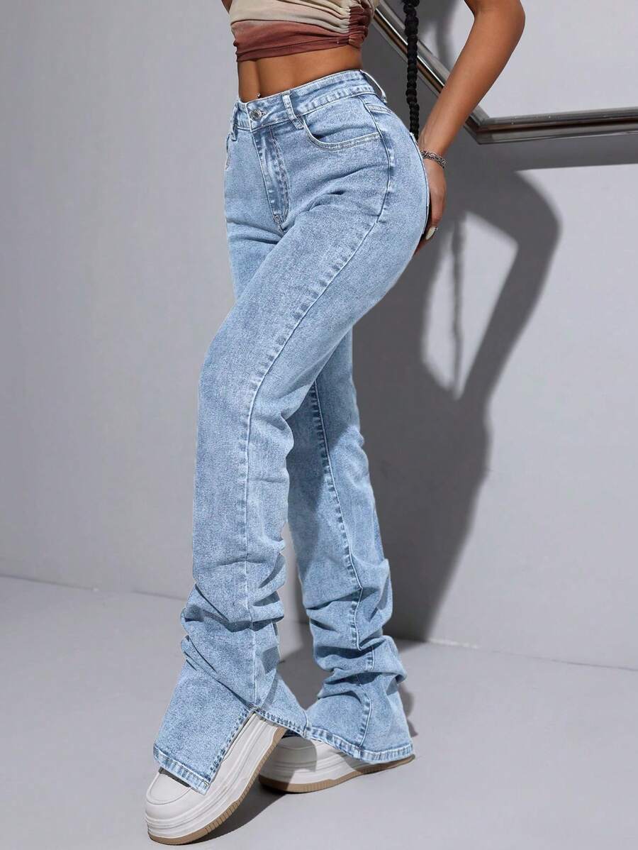 SHEIN ICON Women's Mid-Waist Split Pile Flared Jeans - Light Wash - View 1