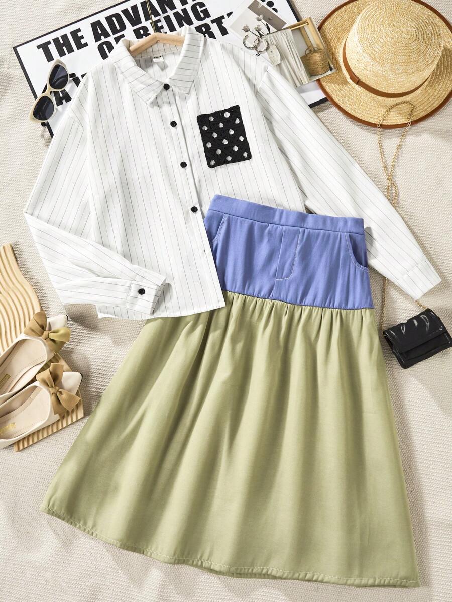 Bộ 2 món Áo sơ mi dài tay phối màu chân váy cho bé gái tuổi teen - Nhiều màu - Xem 1