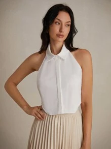 SHEIN Privé Women's Summer Sexy Solid Color Halter Neck Backless Top - White - View 6