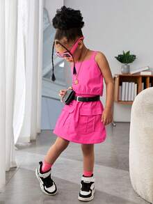 SHEIN Young Girls Solid Color Thick Shoulder Strap Vest And Belted Skirt, Summer Casual 2pcs Outfit