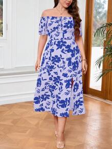 SHEIN Privé Plus Size Elegant Off-Shoulder Short Sleeve Midi/Long Dress With Random Print - Multicolor - View 3