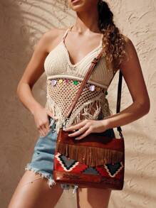 Twin Melody X SHEIN SHEIN VCAY Tassel & Geometric Design Shoulder Bag - Brown - View 6