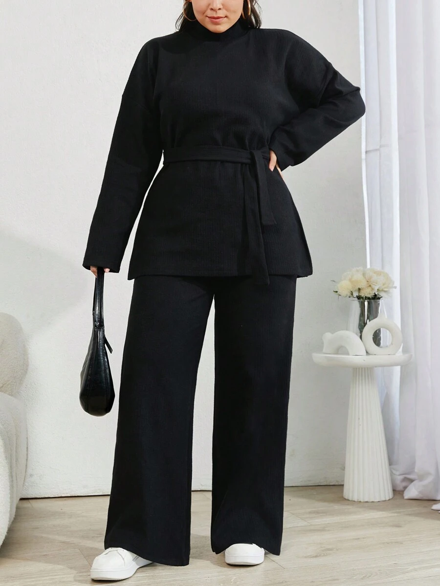 EURMUSE Pulover Și Pantaloni Casual, Culoare Uni Gâtul Șterget, 2buc/Set, Pentru Iarnă - Multicolor - Vizualizare 1