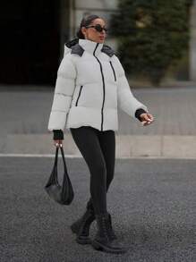 EURMUSE Hooded Zipper Detailed Contrast Rib Cuff Quilted Women's Casual Puffer Down Jacket - White - View 3