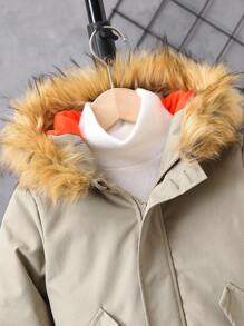 SHEIN Young Boy Casual Hooded Jacket With Fur Collar, Autumn Winter - Khaki - View 5