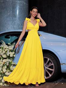 Váy dạ hội trễ vai in hoa, viền bèo nhún, dây chéo bằng vải chiffon có khóa kéo ẩn phía sau, váy dự tiệc cưới trang trọng thanh lịch, tốt nghiệp, váy dự tiệc tối - Màu vàng - Xem 6