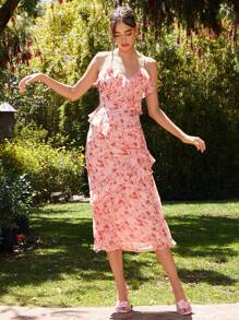 Enchnt 女士花卉印花情人領口荷葉邊夏季連衣裙帶肩帶 - 粉色 - 查看 3