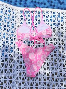 Swim Mod Women's Summer Beach Floral Printed Front Tie Sexy Bikini Set