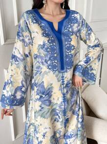 Al Najma Damen elegantes Kleid mit langem Glockenärmel und Blumenmuster, Frühling/Sommer, Kaftan