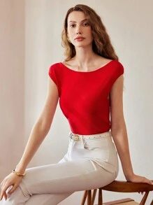 MOTF PREMIUM 實心船領蝙蝠袖修身針織上衣 - 紅色 - 查看 9