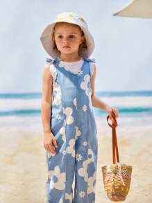 青少女假日休閒可愛花卉印花連身褲，配有蝴蝶結細節和寬腿牛仔褲 - 中等水洗藍 - 查看 6