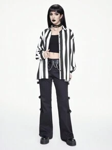 ROMWE Goth 休闲哥特式宽条纹宽松女式衬衫，适合工作、学校 - 黑與白 - 查看 2