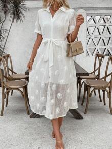 SHEIN LUNE 3D Flower Striped Gauze Shirt Dress - White - View 5