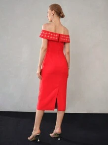 MOTF PREMIUM RHINESTONE FOLDOVER OFF SHOULDER BODYCON DRESS