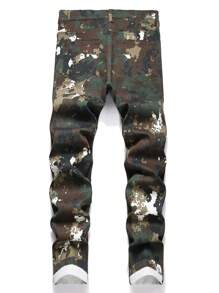 Men's Camo Print Multi-Pocket Skinny Jeans, Emo Style - Army Green - View 2