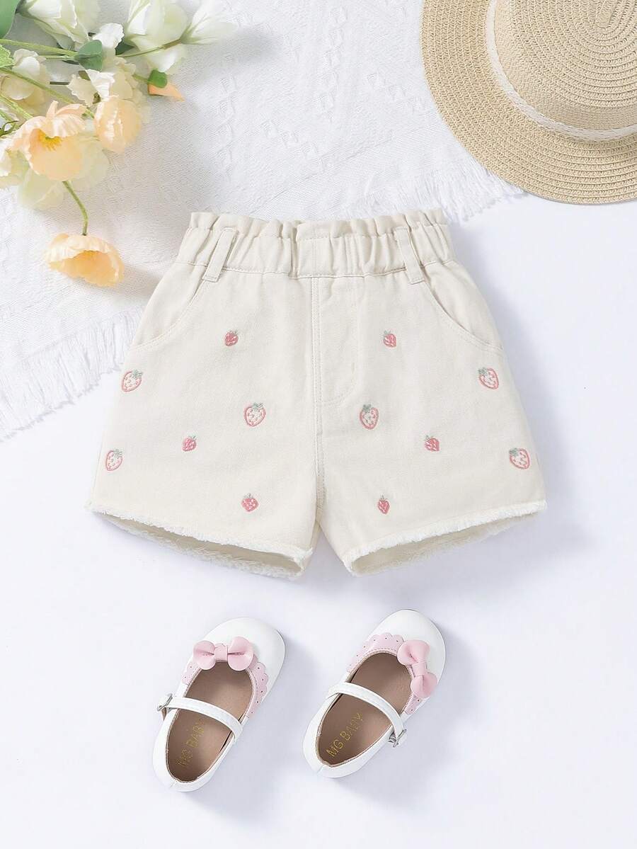SHEIN Schattige geborduurde spijkershort voor jonge meisjes - Abrikoos - Bekijken 1