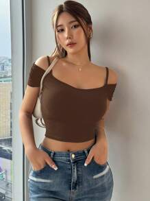 DAZY 派对/学校休闲露肩短袖束腰女式衬衫夏季 - 咖啡棕 - 查看 3