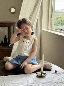 SHEIN 女童夏装灯笼裤两件套无袖上衣和下装儿童装2024新款休闲森系女童衣服薄款时尚 - 藍白色 - 查看 4