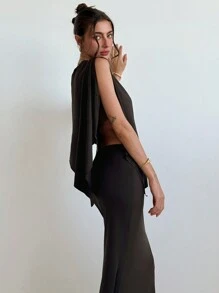 Aloruh 优雅不对称下摆圆领衬衫和修身鱼尾裙套装 - 咖啡棕 - 查看 5