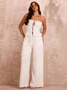 SHEIN BAE Dames Romantische zomer Strandvakantie Sexy Wit Effen Kleur Mouwloos Bandeau-top met meerlaagse bandjes, kant en ruches