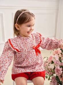 SHEIN Baby Girls' Digital Printed Top And Shorts Set, 2pcs