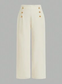 Firerie Plus Size Elegant Simplistic Double-Breasted Decorated Wide Leg Formal Pants For Summer