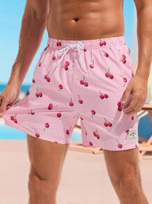 Zalmeno Men Fashionable Double-Layer Cherry Striped Beach Shorts,Hawaiian - Pink - View 3