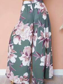 Women's Floral Print Cinched Waist Wide Leg Pants, Elastic Waist Casual Vacation Commute Elegant Fashion Trousers With Belt, Autumn