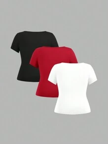 SHEIN EZwear Damen 3-teiliges Set aus kurzärmeligem, bauchfreiem T-Shirt in großen Größen im Lässig Slim Fit-Stil für den Sommer