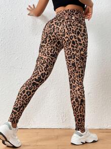 SHEIN Essnce Pantalon décontracté tricoté avec poches multiples élastiques et imprimé léopard d'été - Kaki - Voir 2