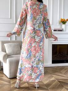Yasmyna Robe longue modeste arabe élégante à manches longues avec imprimé floral et appliqué, décolleté en V pour femme, pour l'été