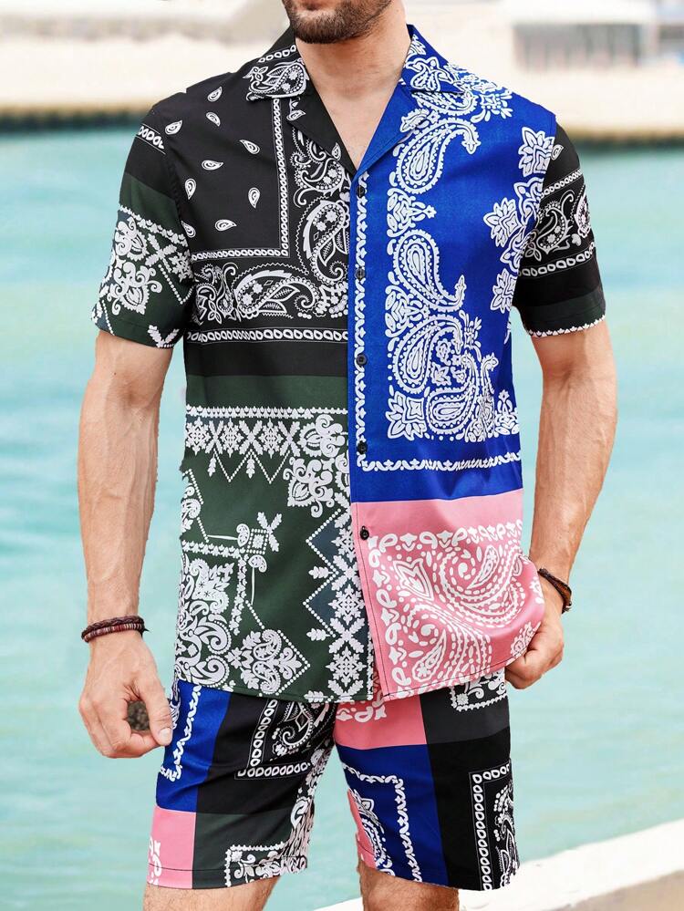 Men's 2-Piece Beach Outfit: Lightweight Breathable Woven Paisley Graphic Hawaiian Shirt And Matching Shorts Co-Ord Beachwear, Summer