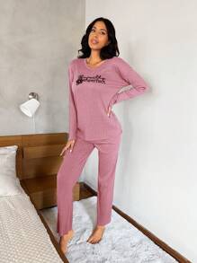 SHEIN Cottnline Women'S Letter Print Lounge Set With Ribbed Trim - Dusty Pink - View 5