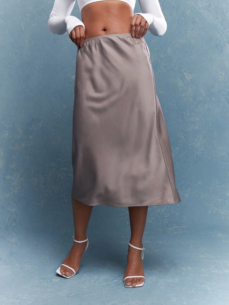 MISSGUIDED Satin Logo Low Rise Midi Skirt - Champagne - View 1