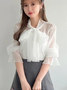 FRIFUL 女式纯色系带透明网眼喇叭袖优雅衬衫，春夏季，荷叶边长袖上衣