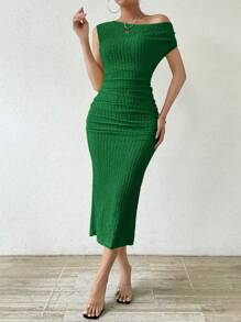 Rafferiza 女式夏季纯色不对称领口镂空褶皱修身优雅长裙长款女装 - 綠色 - 查看 5