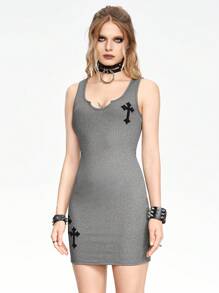 ROMWE Goth Cool And Spicy Style Women's Slim Fit Sleeveless Dress With U-Shaped Neckline - Grey - View 5