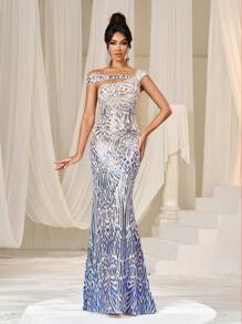 Faeriesty Đầm dạ hội trễ vai đính sequin ombre viền đuôi cá - Màu xanh lam - Xem 7