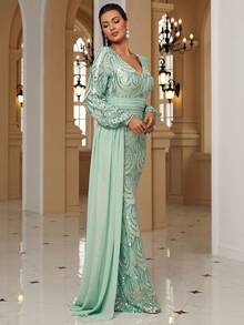 Women's Elegant Long Sleeve Prom Dress With Sparkling Decorations, Formal Evening Wedding Guest Gown, For Graduation, Dinner - Green - View 6