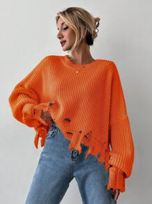 EURMUSE Maglione spalle cadenti slavato orlo - Arancione - Visualizzare 4