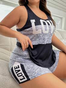 Napfluff CURVE Napfluff CURVE Plus Size Letter Printed Color Block Tank Top And Shorts Pajama Set - Multicolor - View 5