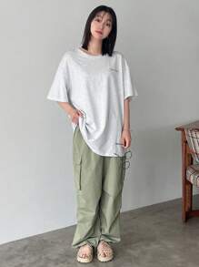 FRIFUL 女式夏季宽松字母花卉印花超大落肩圆领 T 恤，男女通用图案 T 恤 - 灰色 - 查看 10