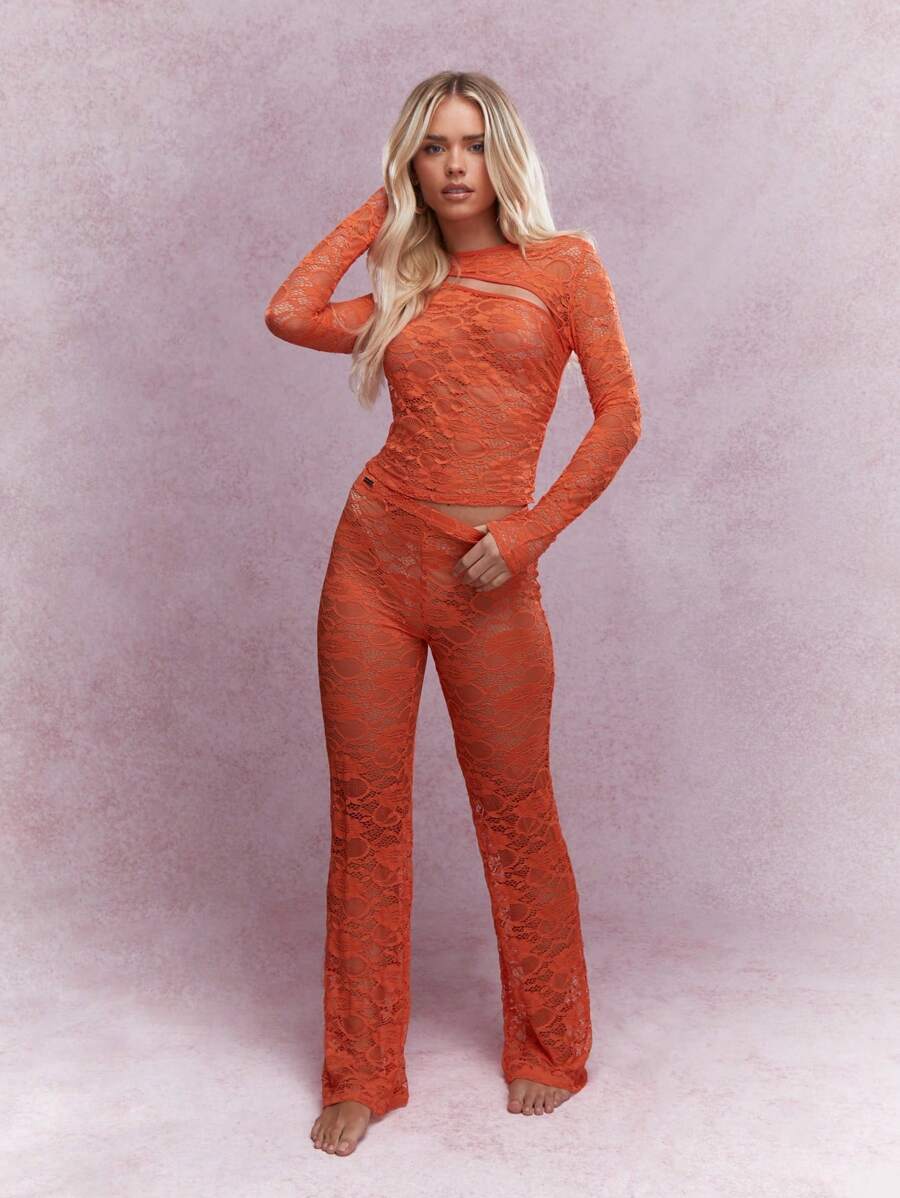 MISSGUIDED Áo ren trong suốt cắt xẻ tay dài và quần ống loe phối hợp - trái cam - Xem 1
