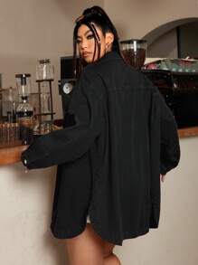 SHEIN ICON Plus Size Women's Solid Color Simple Casual Denim Jacket, Daily Wear - Black - View 2