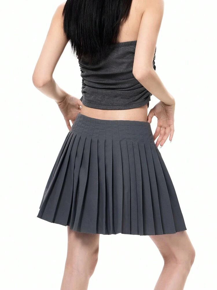 Pleated Waist Tie Front Solid Color Casual Skirt