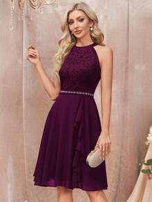 MIUSOL Floral Lace Backless Ruffle Hem Chiffon Prom Dress, Elegant Semi-Formal Wedding Guest Dress, Suitable For Birthday, Graduation, Homecoming And Other Occasions, For Valentine's Day - Maroon - View 5