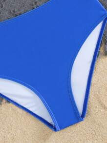 Tween Girl Summer Beach Plant Printed Spaghetti Strap Top With Solid Color Triangle Bottom Bikini Set - Multicolor - View 5