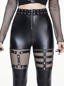 ROMWE Goth Punk Fishnet Patchwork Rivet Embellished Skinny Leather Pants - Black - View 4